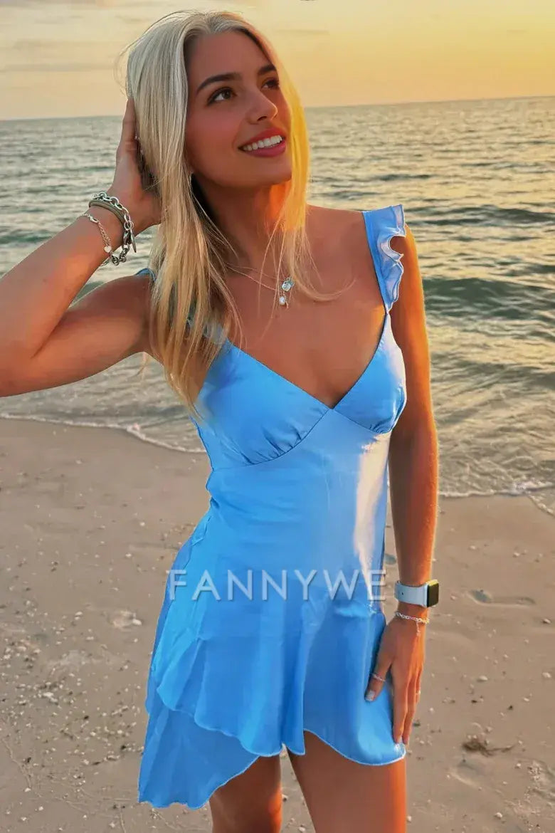 FannyWe Elegant Blue A-Line Straps V-Neck Satin Sleeveless Short Homecoming Dress formal wear dresses